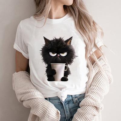 Cute Cat Fun Printed Cotton Short Sleeved T-shirt Summer Sports Leisure Loose Women's Top T-Shirts Women’s