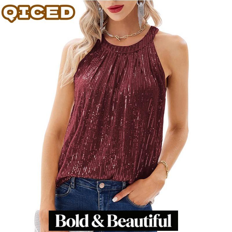 QICED Women's Fashion Casual Solid Color Print Sleeveless O-Neck Blouses & Shirts