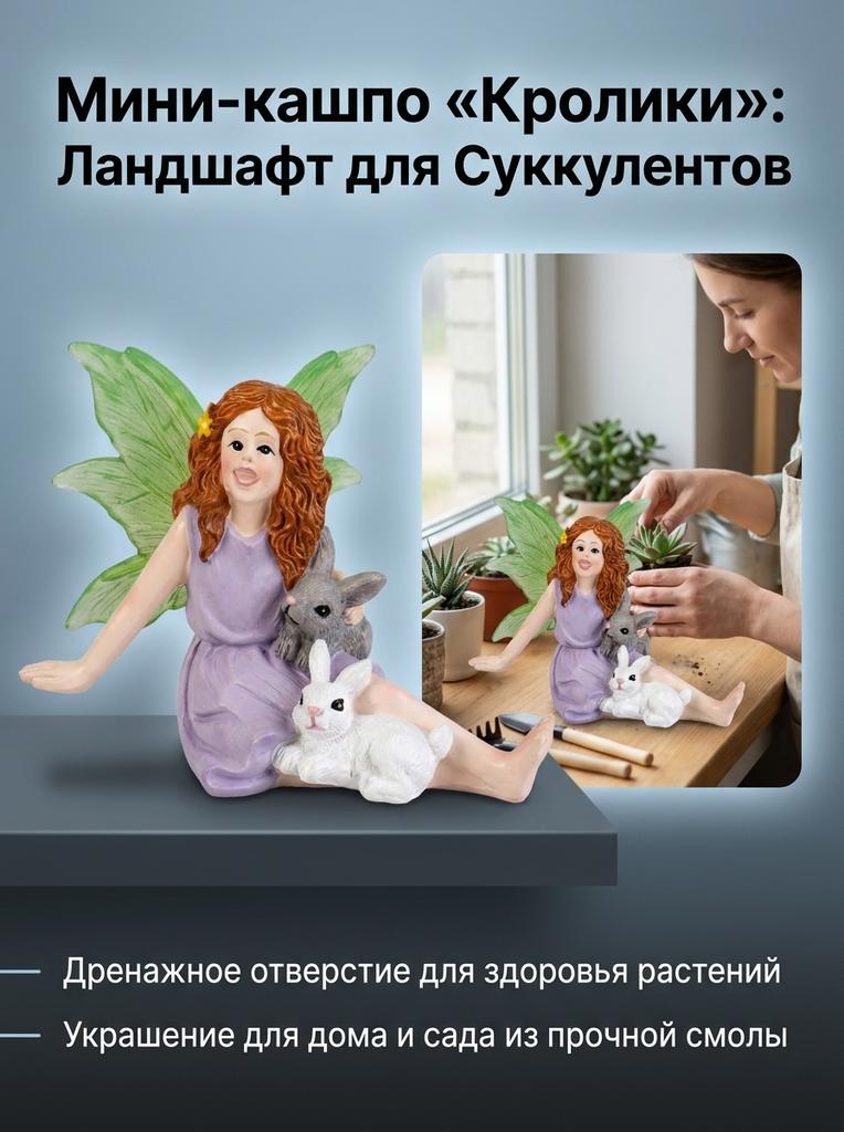 Resin Girl Rabbits Mini Landscape Planter Pot Succulent Decoration Elf Ornament With Drainage Hole For Small Plants