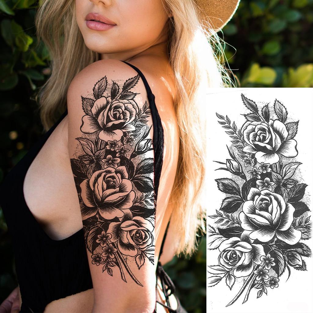 1 Sheet Black Flower Temporary Tattoos For Women Girls Realistic Fake Flora Floral Peony Tattoo Sticker Body Art Painting Decal