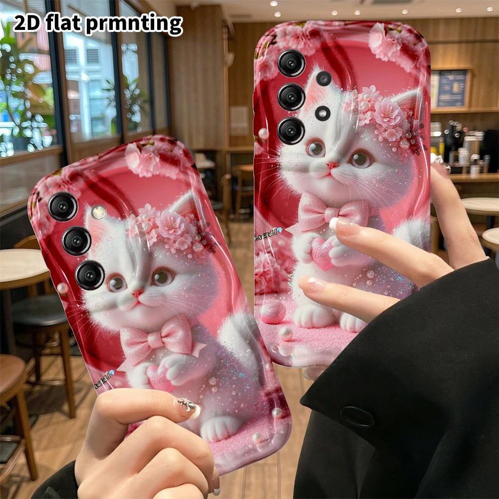 Phone Case: 2D Flat Samsung Galaxy A34 A35 M05 M06 S20 S22 S21 FE Plus 5G Case, Pink Cherry Blossom with Little White Cat, Christmas and Halloween Gif