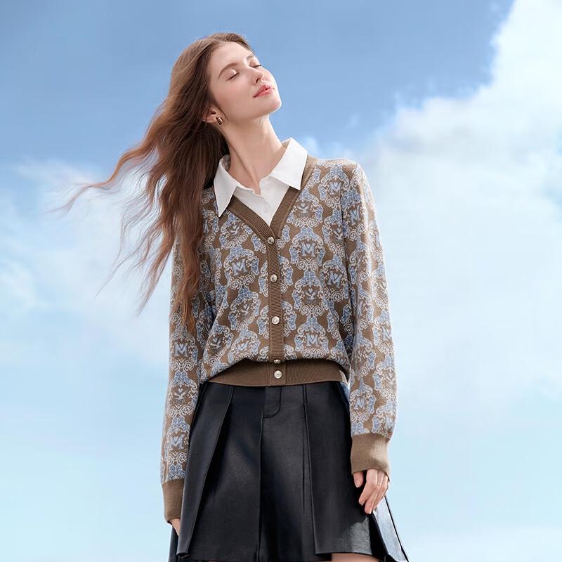 BETU Women's Autumn Jacquard Faux Two-Piece Long-Sleeve Knit Top