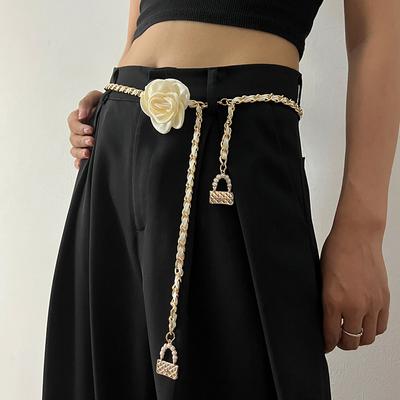Cinturón de cadena dorada con flores para mujer, cinturones de Metal plateados Punk ajustables a la cintura para mujer, cadenas de pantalones de vestir de lujo de alta calidad
