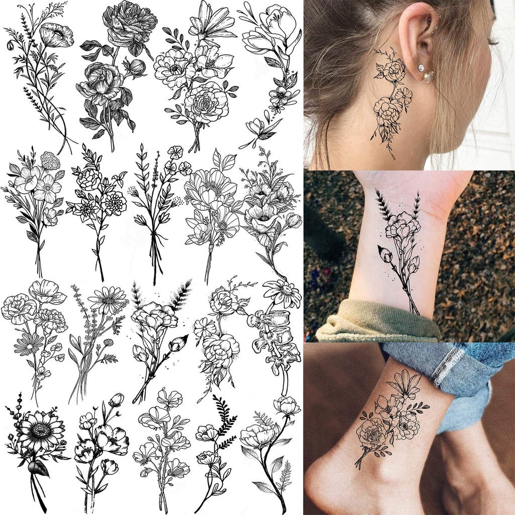 19 Sheets 3D Sexy Flower Temporary Tattoos For Women Neck Arm Black Fake Tattoo Sticker Waterproof Small Sketch Tatoo Decoration