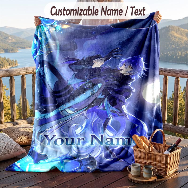 Custom Text Flannel Throw Blanket, Lightweight Cozy Bed Sofa BlanketGenshin Impact