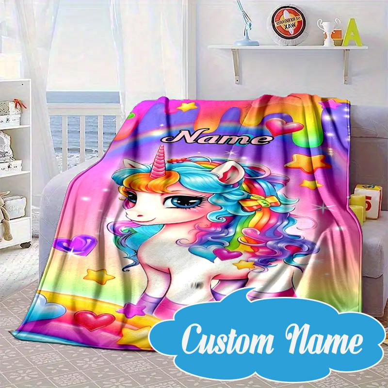 Custom Name Rainbow Unicorn Dream Blanket bed sofa Blanket Flannel Blanket for Camping, Hiking, Picnic Essentials,gift for Fan family
