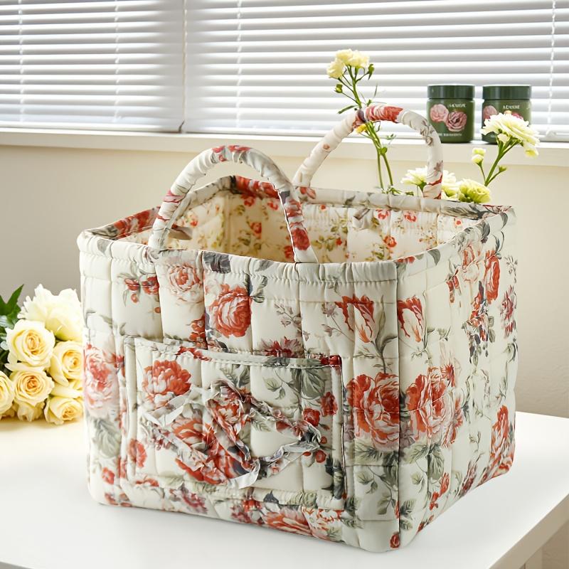 Floral Fabric Storage Bins with Handles, Multi-compartment Organizer for Clothes & Accessories, Bedroom Bathroom Use