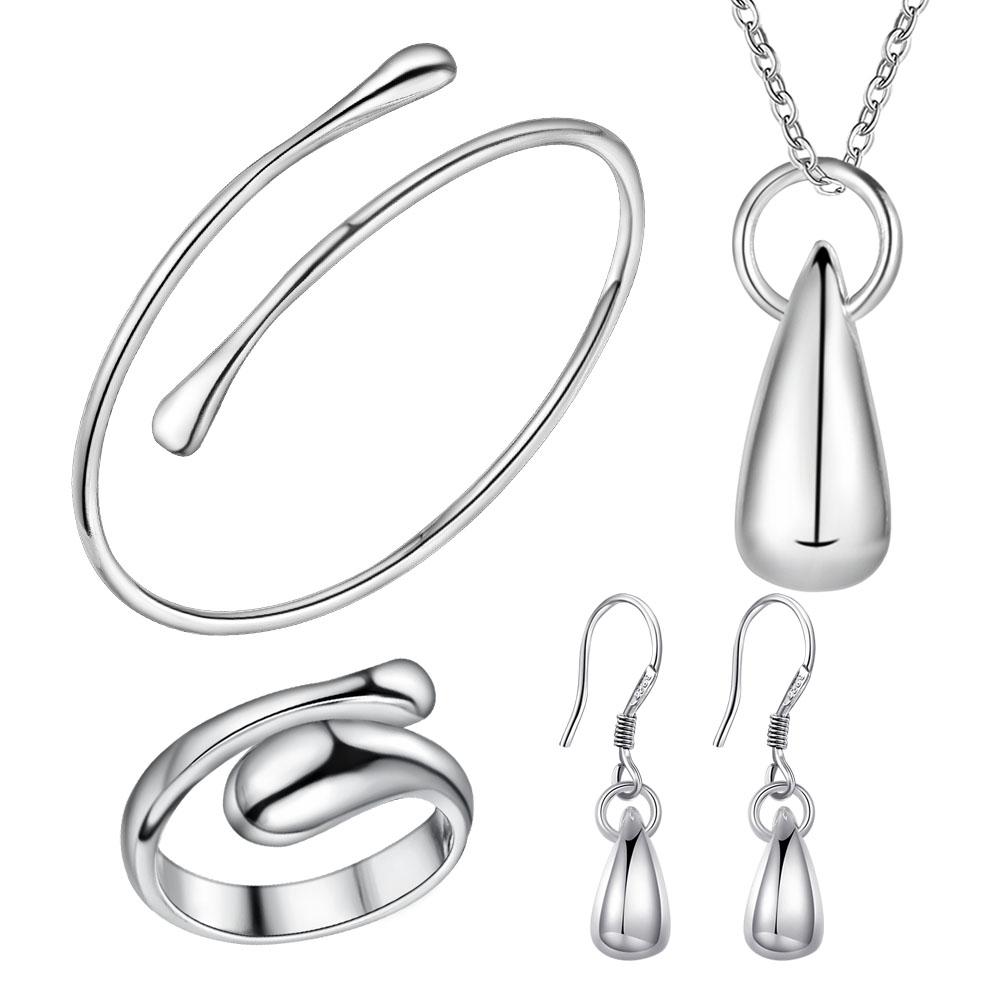 

New 925 Sterling Silver Set Water drop 4pcs Rings Necklace Earring Bracelets Chain Fashion Jewelry For Women Wedding Birthday resizable