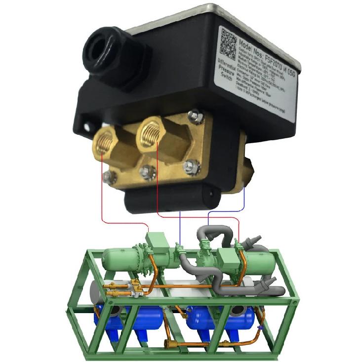15m head differential pressure switch is installed between water inlet and outlet of condenser & evaporator to alarm dirty block