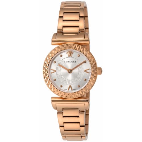 

Годинник Versace MINI VANITY, Срібний циферблат, Кварцовий механізм, Водонепроникний, Сапфірове скло, 27 мм, Жіночий, Золотий, VEAA00618