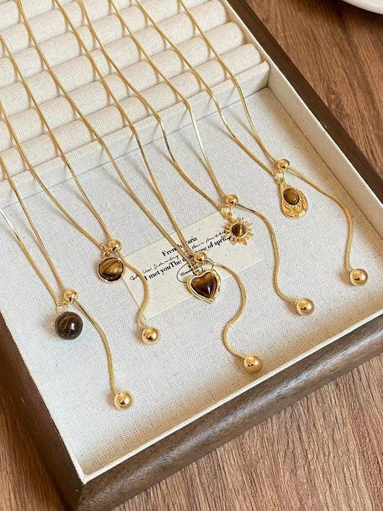 Geometric Retro Tiger Eye Stone Pendant Zipper Pull Long Necklace For Women's Autumn/Winter Sweater Chain Trendy Neck Jewelry