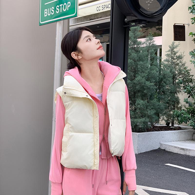 Autumn Winter Solid Color Zip-up Stand Collar Short Down Cotton Vest Slim Fit Outer Wear Student Vest Jacket