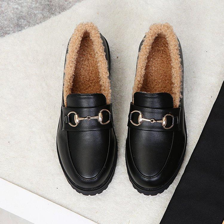

British Style Small Leather Shoes with Fleece Lining for Warmth 2025 Winter new style French bow thick-soled loafers for women 35