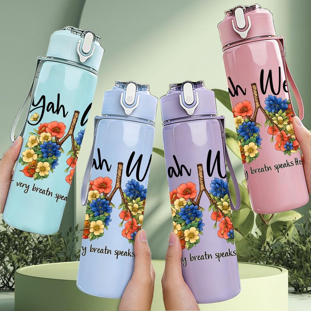 1PC You Meli Floral Wreath Text 750ml Color Plastic Sports Water Bottle Leakproof Flip Straw Lid Suitable for Sports Office Home Use