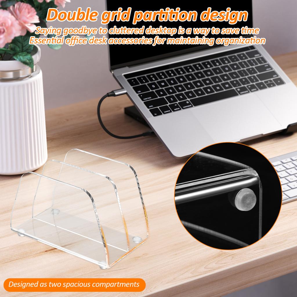 2Pcs Acrylic Mail Sorter Transparent Desktop File Organizer with 2 Compartments Desktop File Organizer for Office Home School