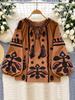 Spring Autumn New Vintage Lantern Sleeve Shirt Women's Embroidered Round Neck Strap Loose Casual  Blouse Top