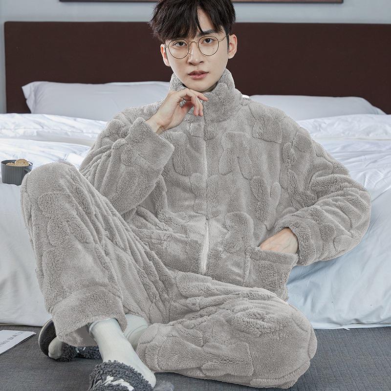 Men's Warm Flannel Pajamas, Zippered Stand-up Collar, Long Sleeve, Coral Fleece Cardigan for Autumn and Winter