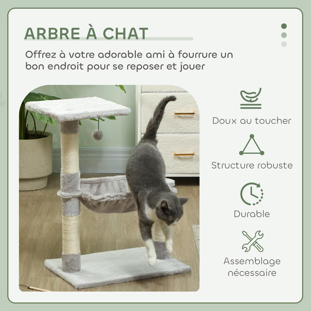 Cat Tree 3 Scratchers Natural Sisal Scratching Post Platform Hammock And Suspended Ball 50 X 26 X 70 Cm Short Plush Gray