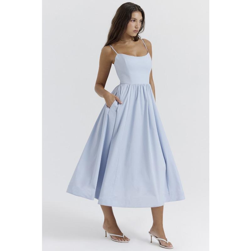 Vestido de Verão Solto com Suspensório Moda Novo Elegante Feminino Sem Mangas Decotado Linha A Vestidos de Festa Simples Cor Sólida Roupas Femininas
