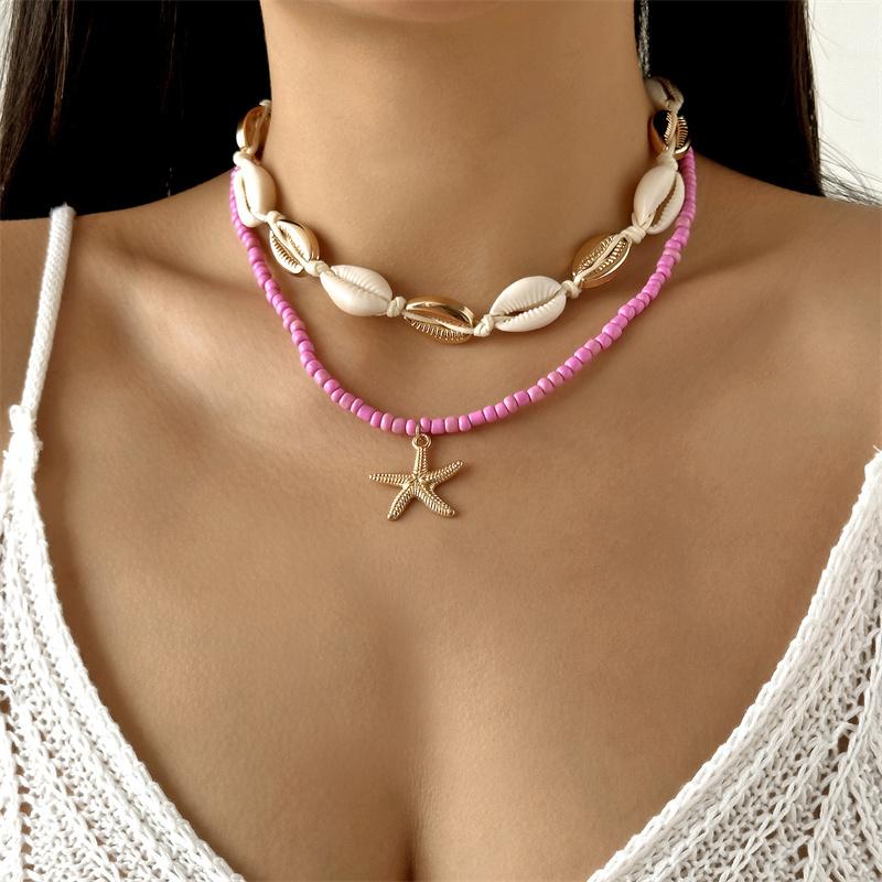 Boho Gold Color Starfish Shell Pendant Necklace for Women Double Layer Rice Beads Sea Shell Choker Summer Beach Party Jewelry