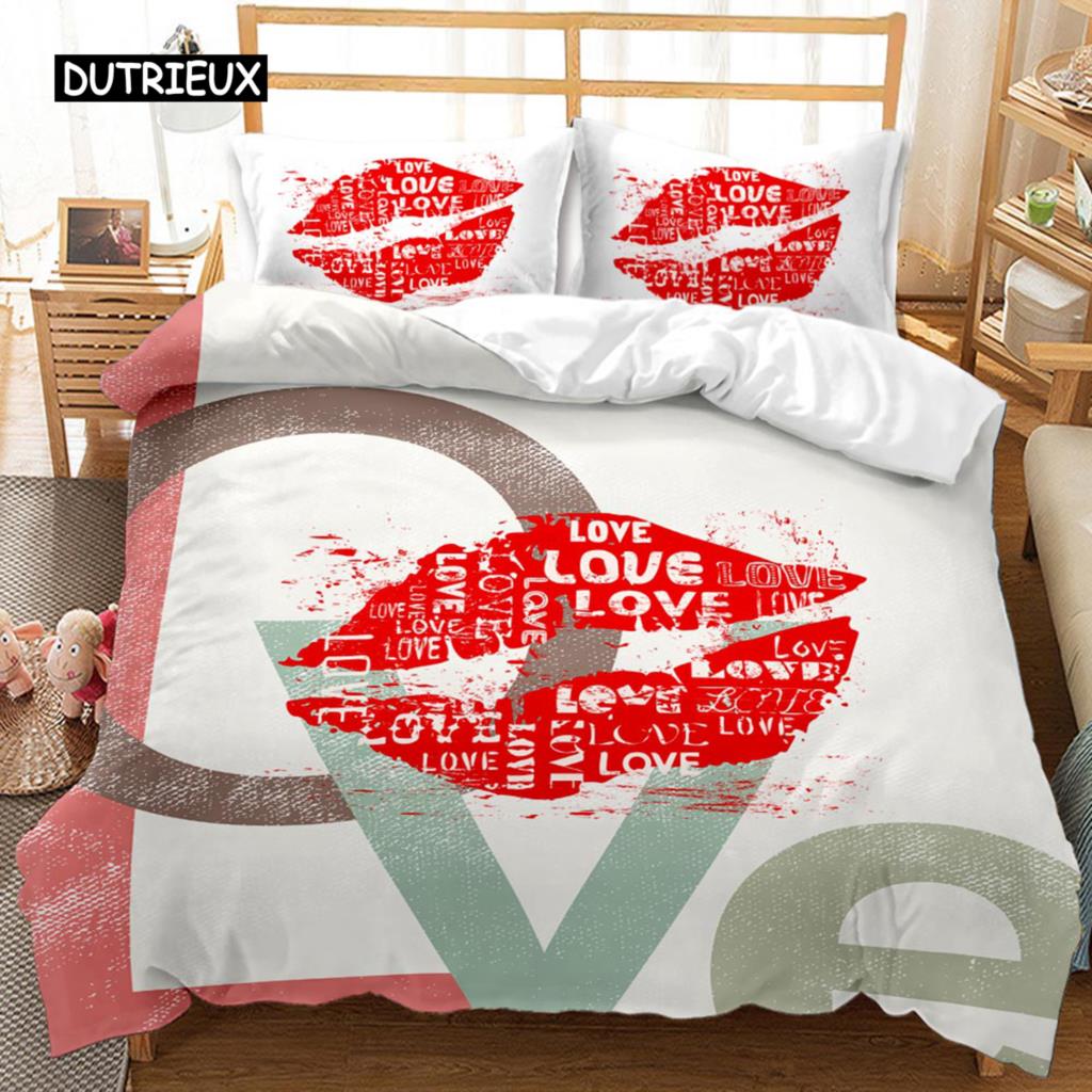 Red Lip Duvet Cover Set Red Lip Lipstick Sexy Adult Couple Comforter Cover Valentine's Day Gift for Lover Polyester Qulit Cover