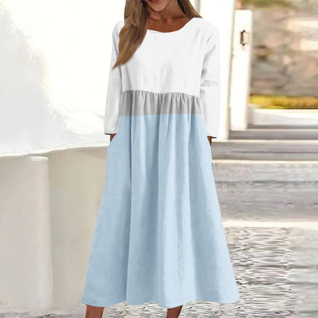 Dámské ležérní midi šaty s kulatým výstřihem a pruhovaným potiskem, s dlouhým rukávem a kapsou