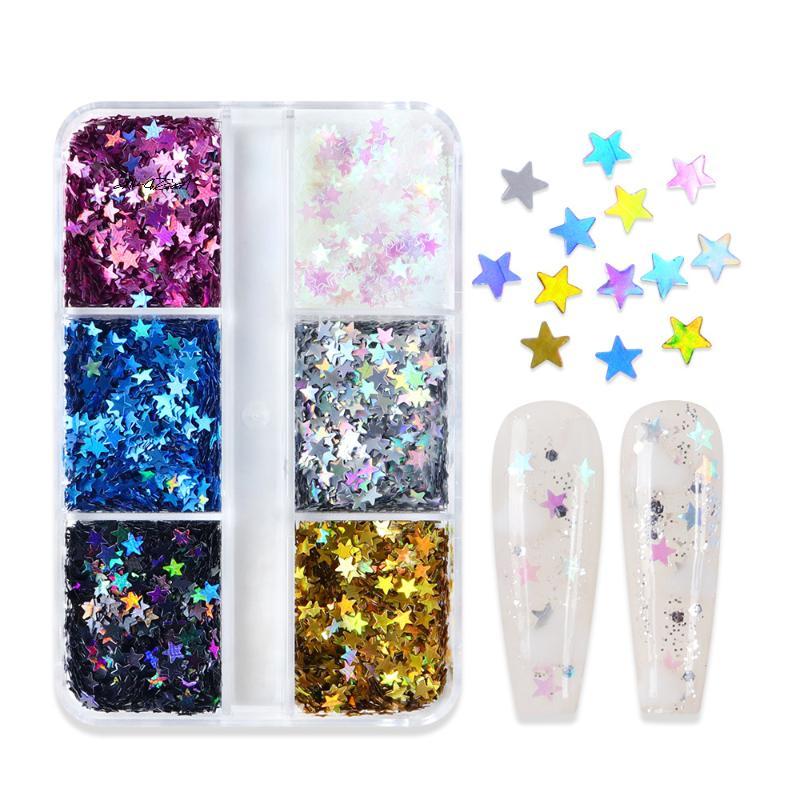 1Box Colorful Nail Charms Laser Star Sequins Mix 3D Thin Sheet for Gel Manicure DIY Nail Art Decoration