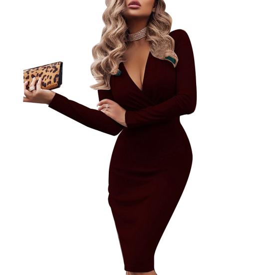 Elegantní dámské podzimní šaty s dlouhým rukávem a hlubokým výstřihem do V, skládané bodycon šaty ke kolenům