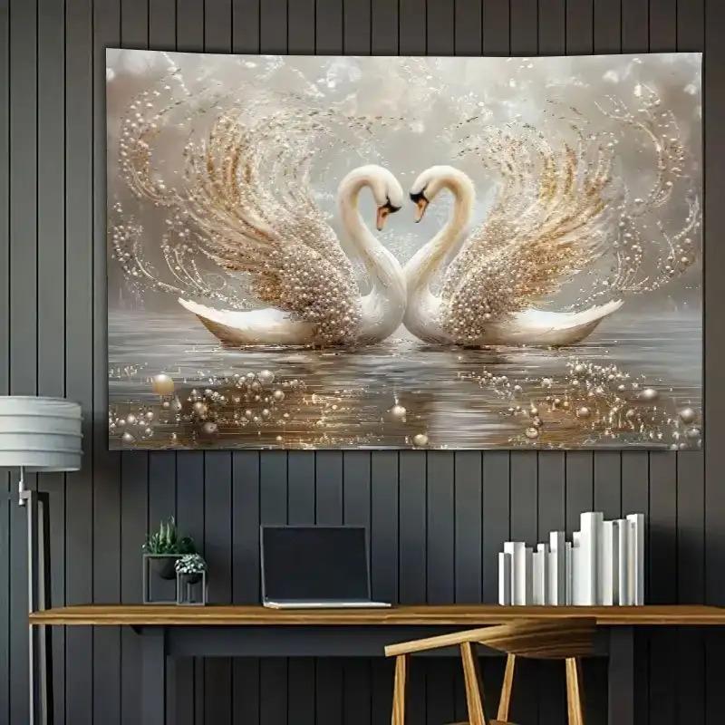 Einteiliges Set, bezauberndes weißes Schwanen-Wandbild - eleganter weißer Schwan, goldene Flügel, friedliche Wasserszenerie