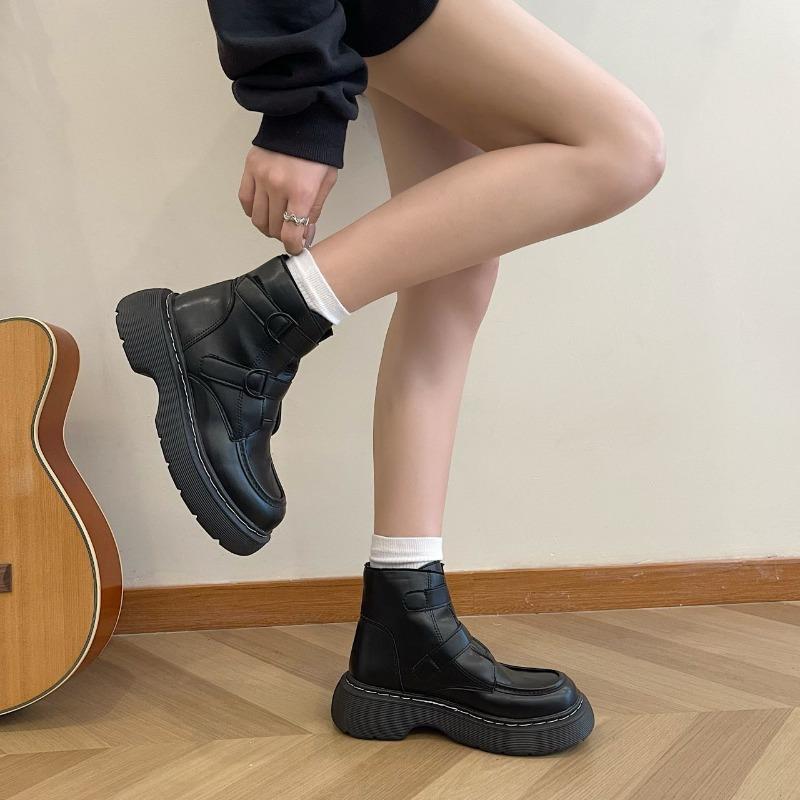 2025 Women Leather Boots Autumn Winter Warm Comfortable Buckle Ankle Boots Muffin Women Thick Bottom Motorcycle Boots Botas35-39