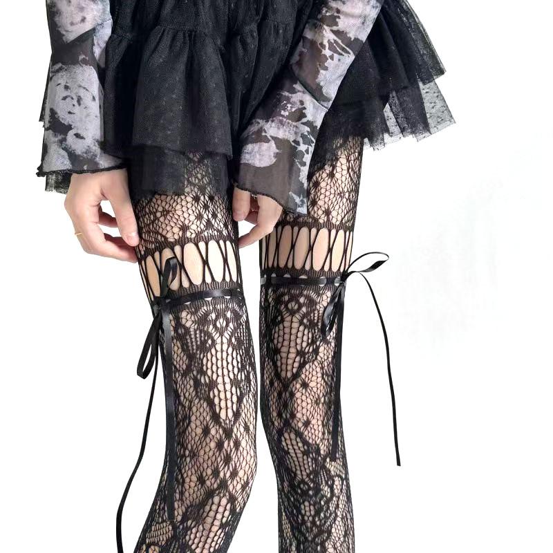 New Design Bow Tie Strap Lace Tights Women Sexy See Through Mesh Sheer Fishnet Stockings Jk Uniform Bottoming Pantyhose