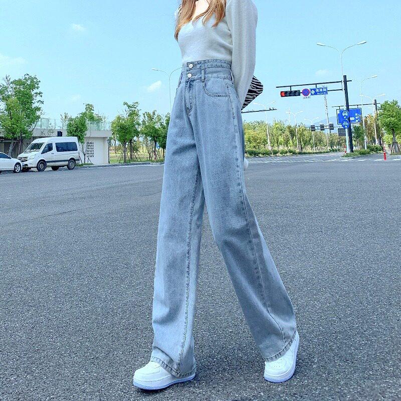 Women s High Waist Light Wash Denim Jeans - Spring/Summer 2026, Straight Loose Fit, Wide-Leg, Floor-Length Pants S