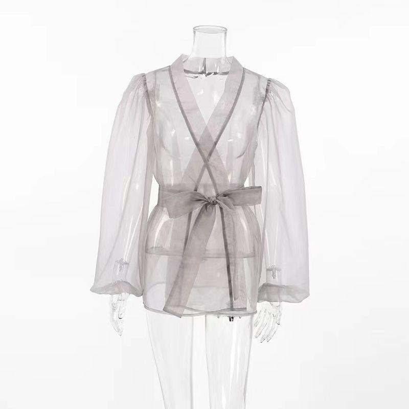 

Сексуальная сетчатая рубашка в западном стиле с рукавами-буфами, сексуальная сетчатая рубашка с прозрачными вставками Gray L