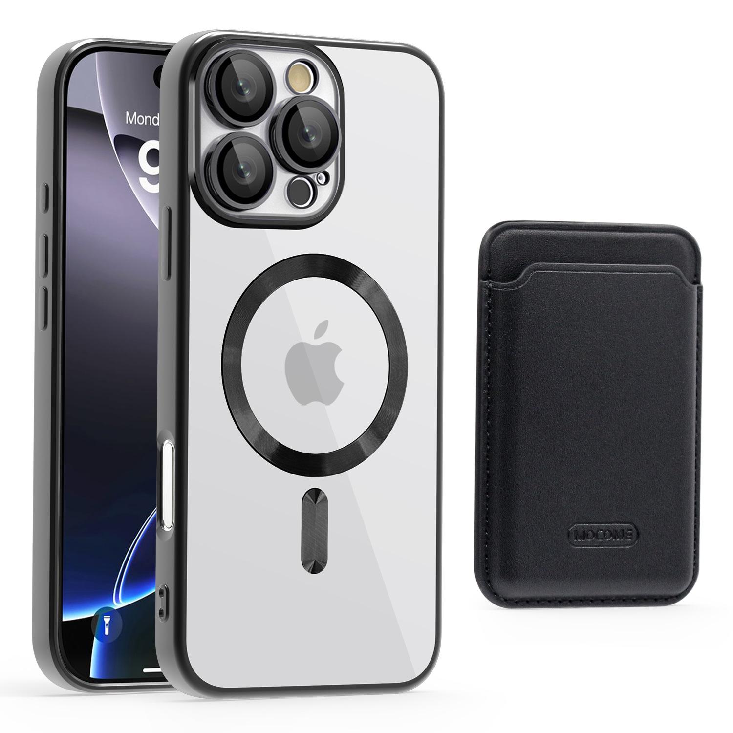 

Применимо к iPhone16E Магнитный карман для карт Чехол для мобильного телефона Apple 15PRO Гальваническое покрытие Противоударный 14 Защитный чехол iPhone16 чёрный