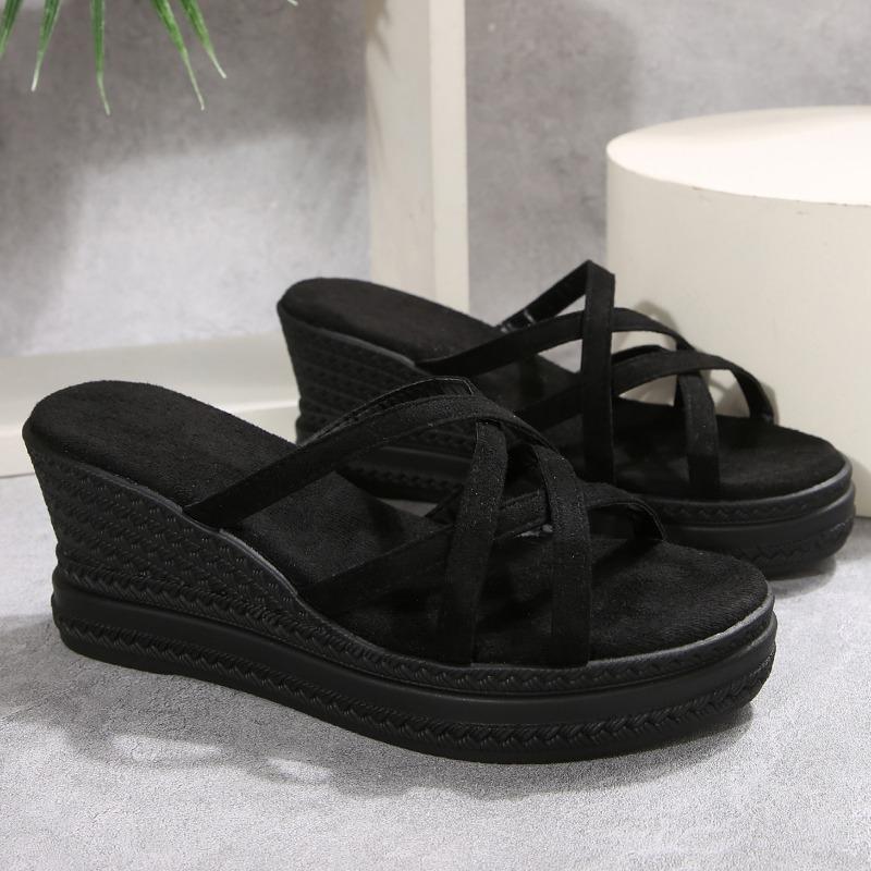 Casual Slope Heel Sandals Summer New Round Head Open Toe Cross Thin Belt Waterproof Platform Non-slip High Heels