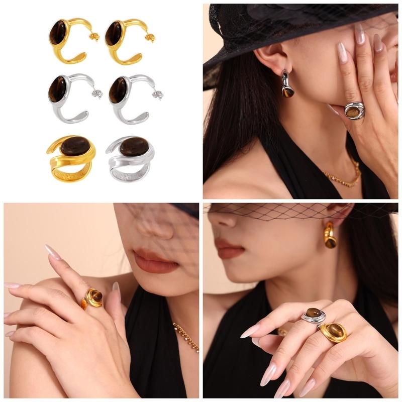 Sophisticated C Shaped Earrings Rings with Tigers Eye Stone to Elevating Your Look Styles at Any Evening Event