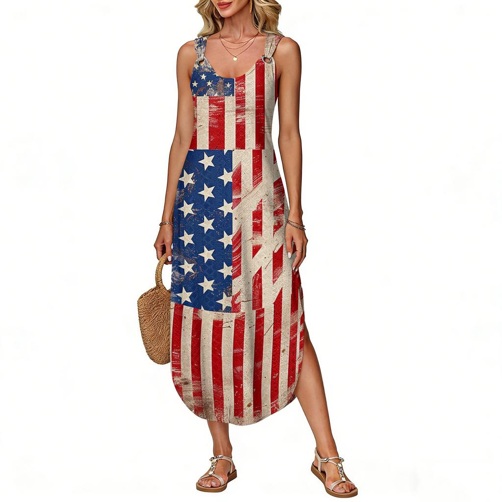 Women's Summer Long Dress Sleeveless Side Slit Long Independence Day Print Vacator Dress