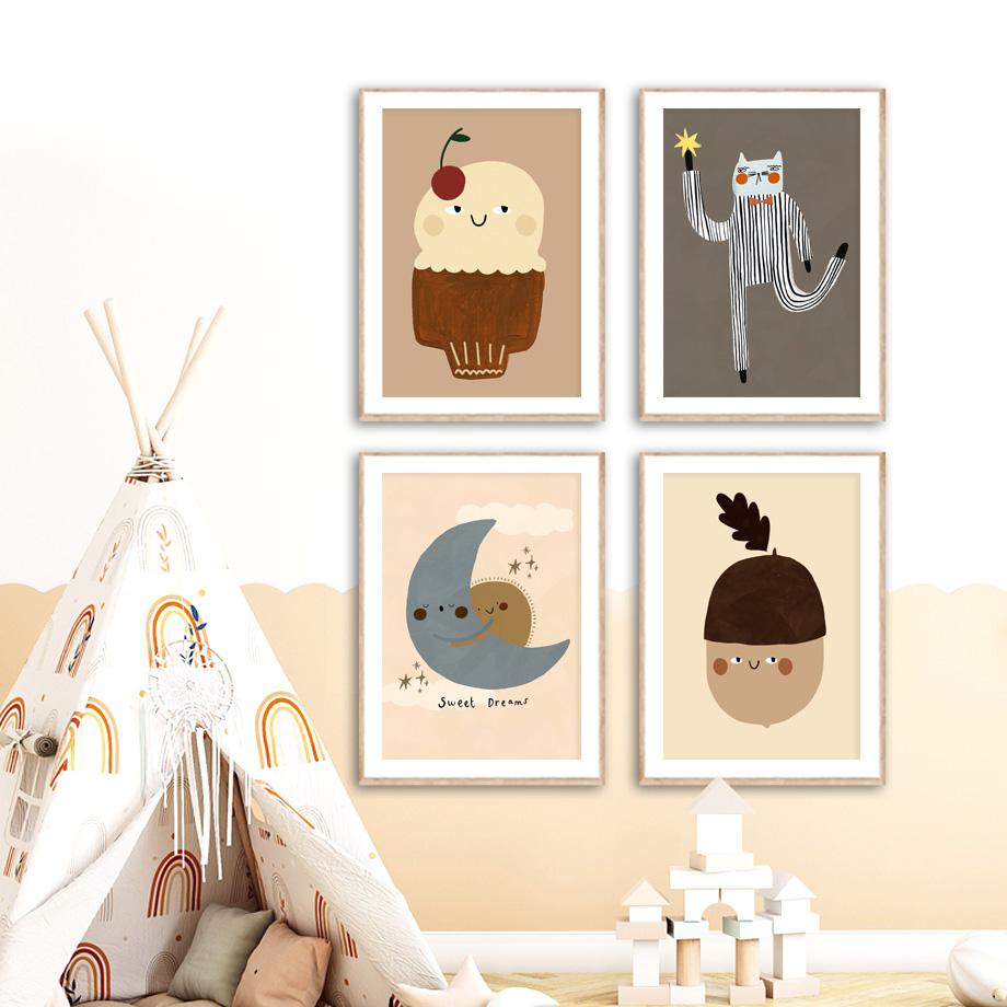 Cat Cherry Ice Cream Acorn Apple Sun Moon Fun Cartoon Vintage Poster Prints Wall Art Canvas Painting Kawaii Baby Kids Room Decor No Frame