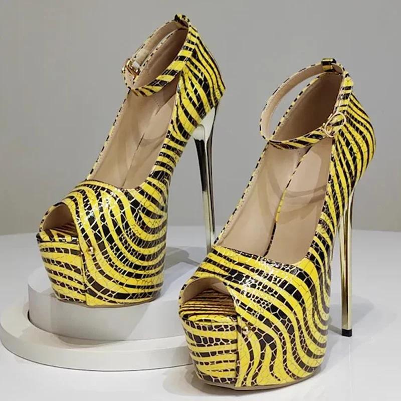 

Мода Новый Дизайнер Полоски Зебры Платформа Тонкий Высокий Каблук Женские Высокого Качества Пип-То Носок Ремешок с Пряжкой Туфли Женские Клубные Туфли для Выпускного 42 жёлтый