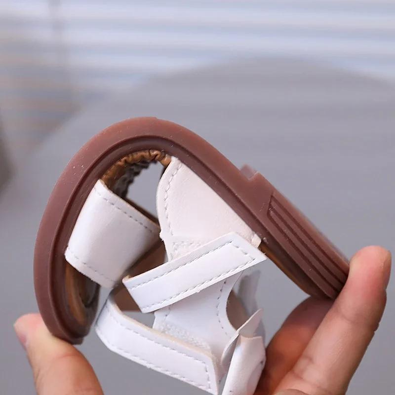 Little Girl's Sandals Gladiator Style Black White Children Sliders Flat Pu Leather Fashion Hook-loop Kids Summer Shoes 21-30