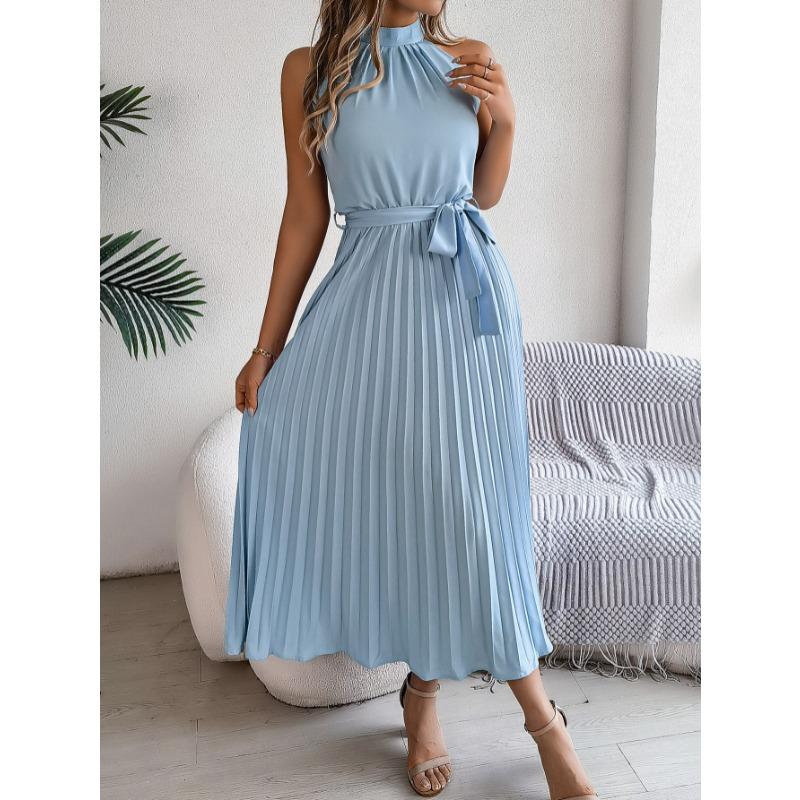 Sleeveless Summer Pleated A-line Dress Casual Solid Color Loose Party Lace-up Elegant Dresses Fashion Midi Sweet Stand Collar Holiday Clothing
