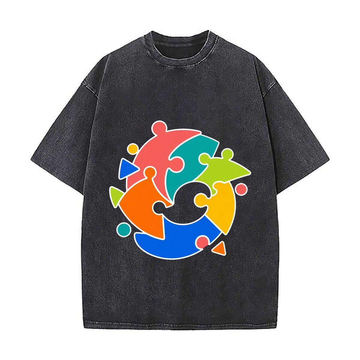 Colorful Unity Puzzle Pop Graphic Retro Washed Distressed T Shirt Men Summer Casual Short Sleeve 2XL