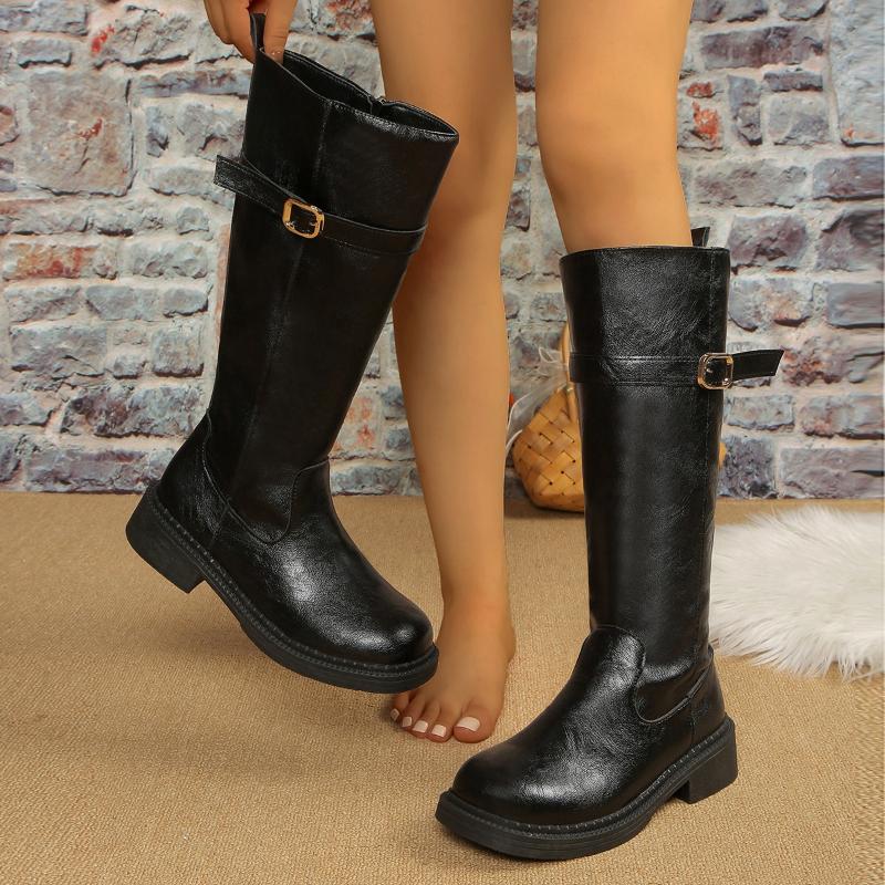 Vintage Black Women Knee High Boots Big Size Low Heels Platform Long Boots Autumn Winter Pu Leather Zip Women Warm Booties