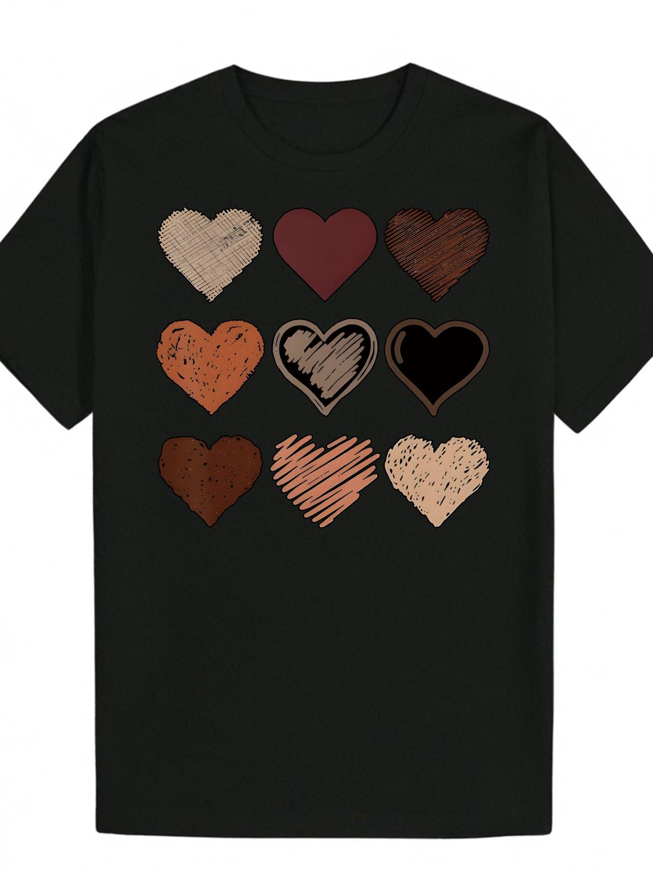 Navy Blue Graphic T-shirt - Lightweight Summer Casual Tee with Multi-Color Hearts (Orange S