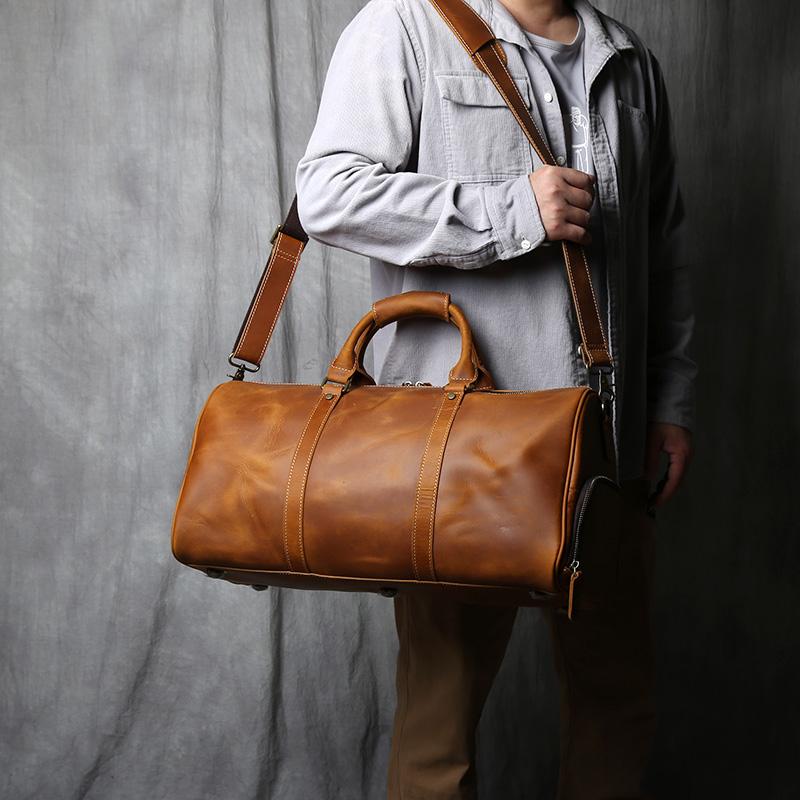 NZPJ Vintage Genuine Leather Men's Travel Bag Original Natural Cowhide Handbag Crazy Horse Leather Crossbody Bag Computer Bag