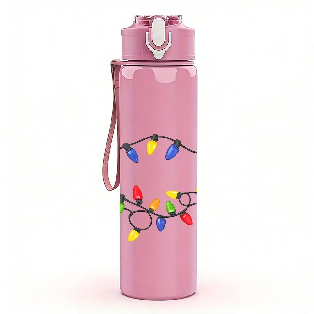 1PC Christmas Light String Colorful Print 750ml Color Plastic Sports Water Bottle Leakproof Flip Straw Lid Suitable for Sports Office Home Use