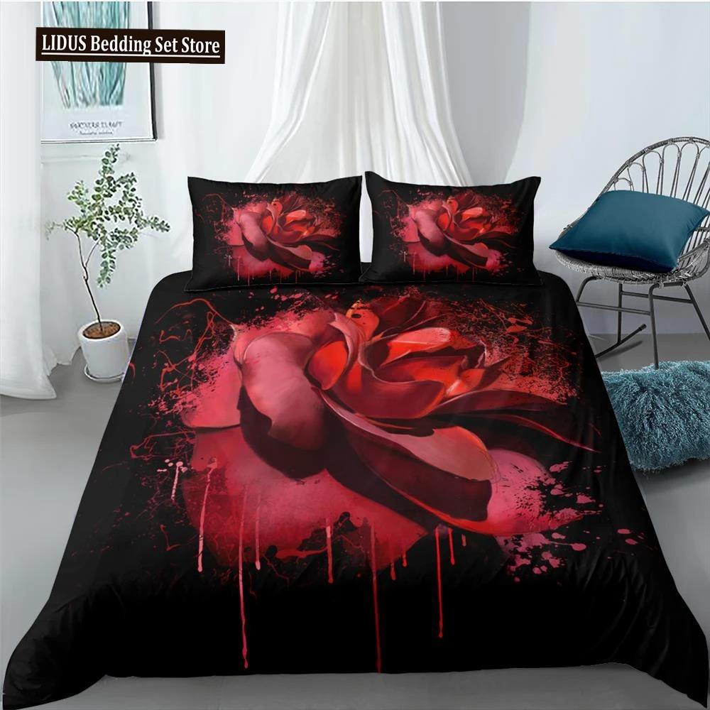 Rose Duvet Cover Collection Red And White Rose Bedding Collection For Lover Couple Polyester Comforter Cover ValentineS Day Gift King Size