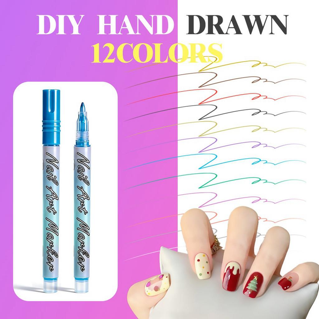 Nail Art Marker Set 12 Pieces Water-Based Quick-Dry Nail Polish Pens Fine Tip Nail Drawing Tools for Detailed Nail Designs and Decorations