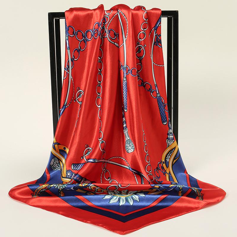 Luxury 90*90CM Vintage Chain Print Shawls Fashion Beach Sunscreen Scarves Kerchief Square Bandannas Satin Headscarves