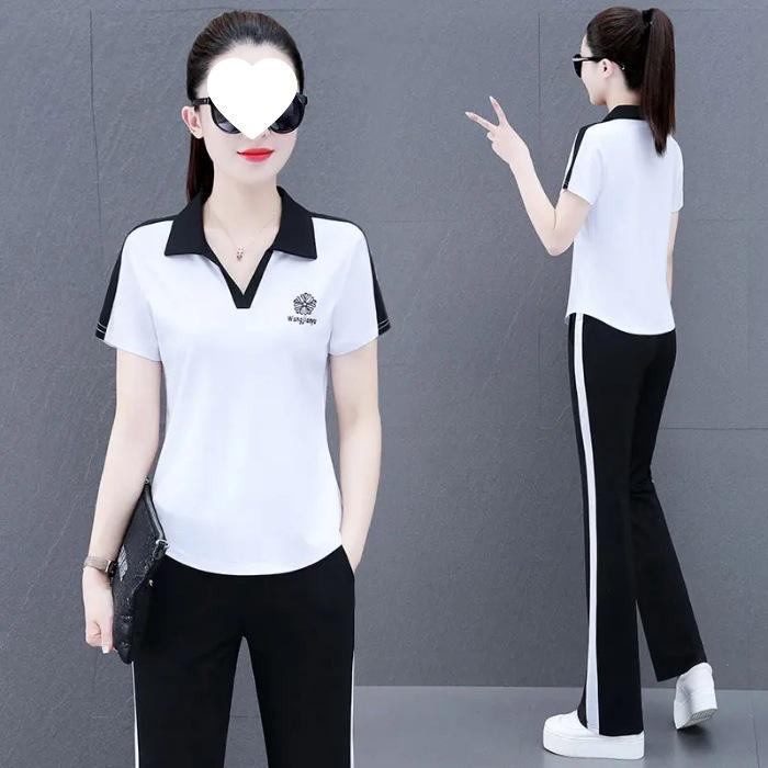 Ležérní sportovní souprava, Dámské letní oblečení, Jednoduchá, moderní a omlazující mikina s krátkým rukávem, Rovné kalhoty Dvoudílná sada